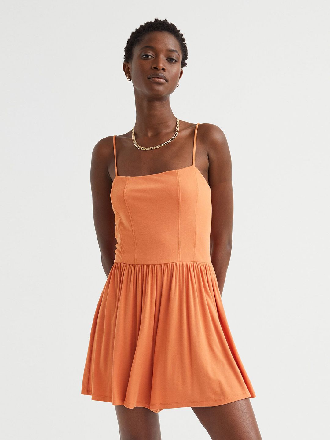 H&M Women Orange Solid Shoulder Straps Jersey playsuit Price in India