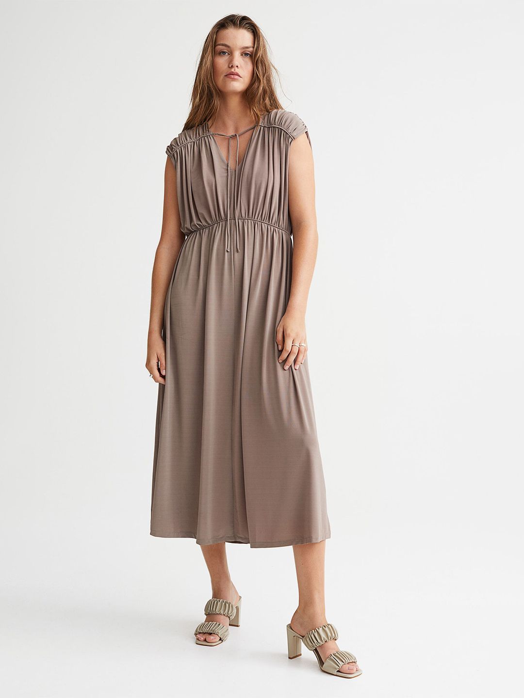 H&M Women Beige Long Gathered Dress Price in India