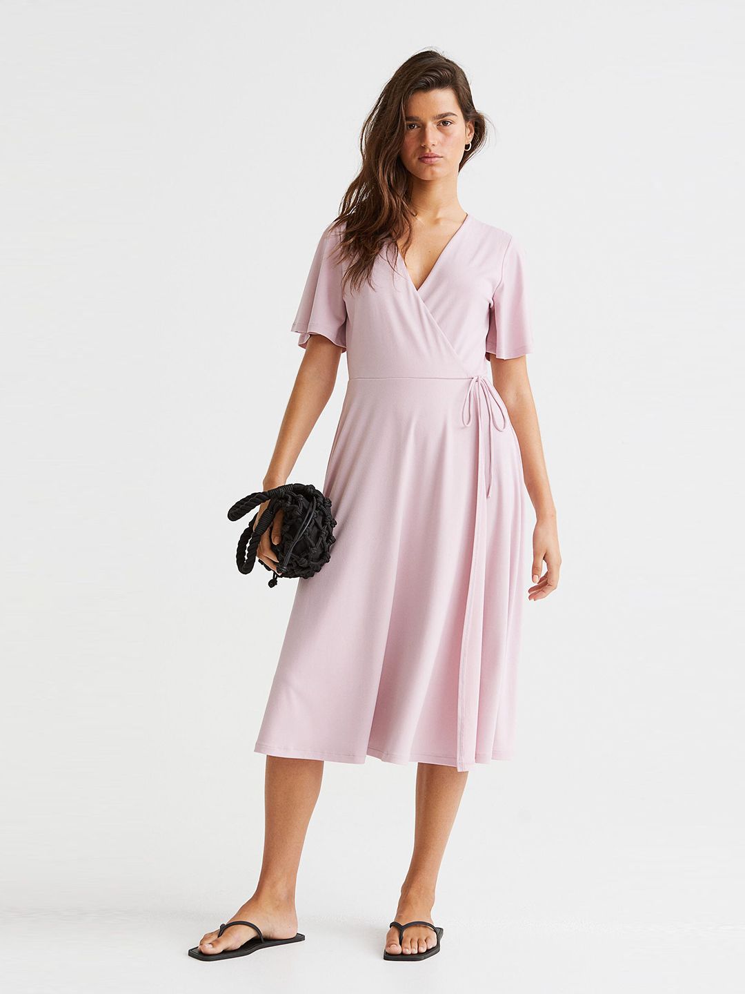 H&M  Women Pink Solid V-neck Wrap Dress Price in India