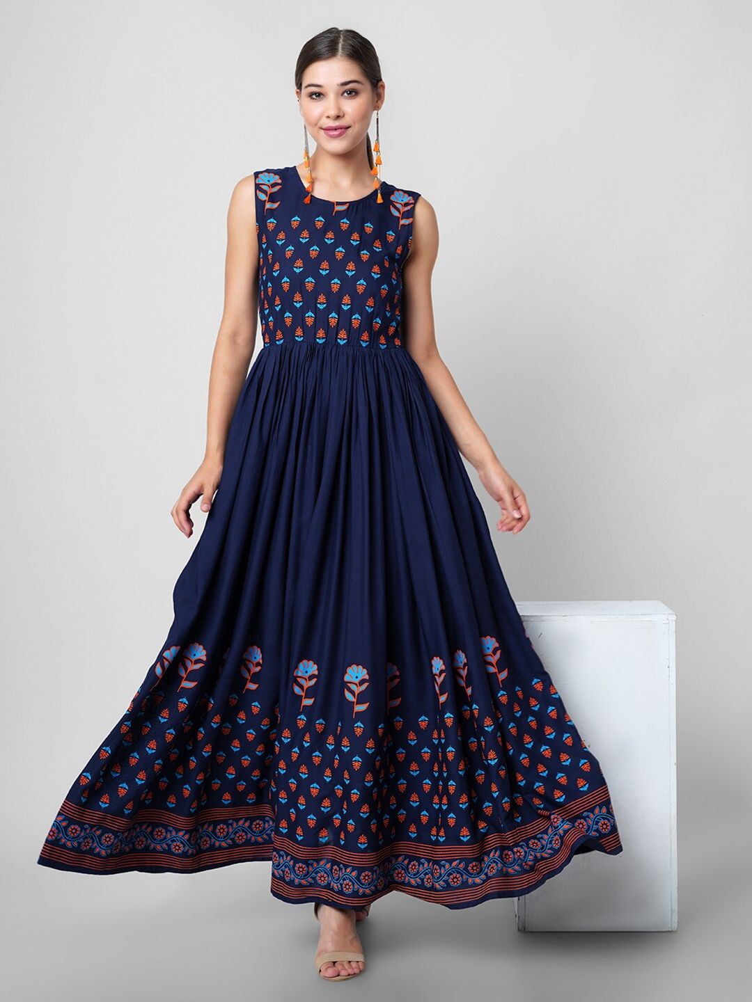 PURSHOTTAM WALA Blue Ethnic Motifs Ethnic Maxi Dress Price in India