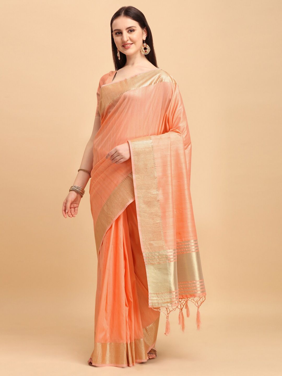 VISHNU WEAVES Peach Coloured & Gold-Toned Zari Tussar Saree Price in India