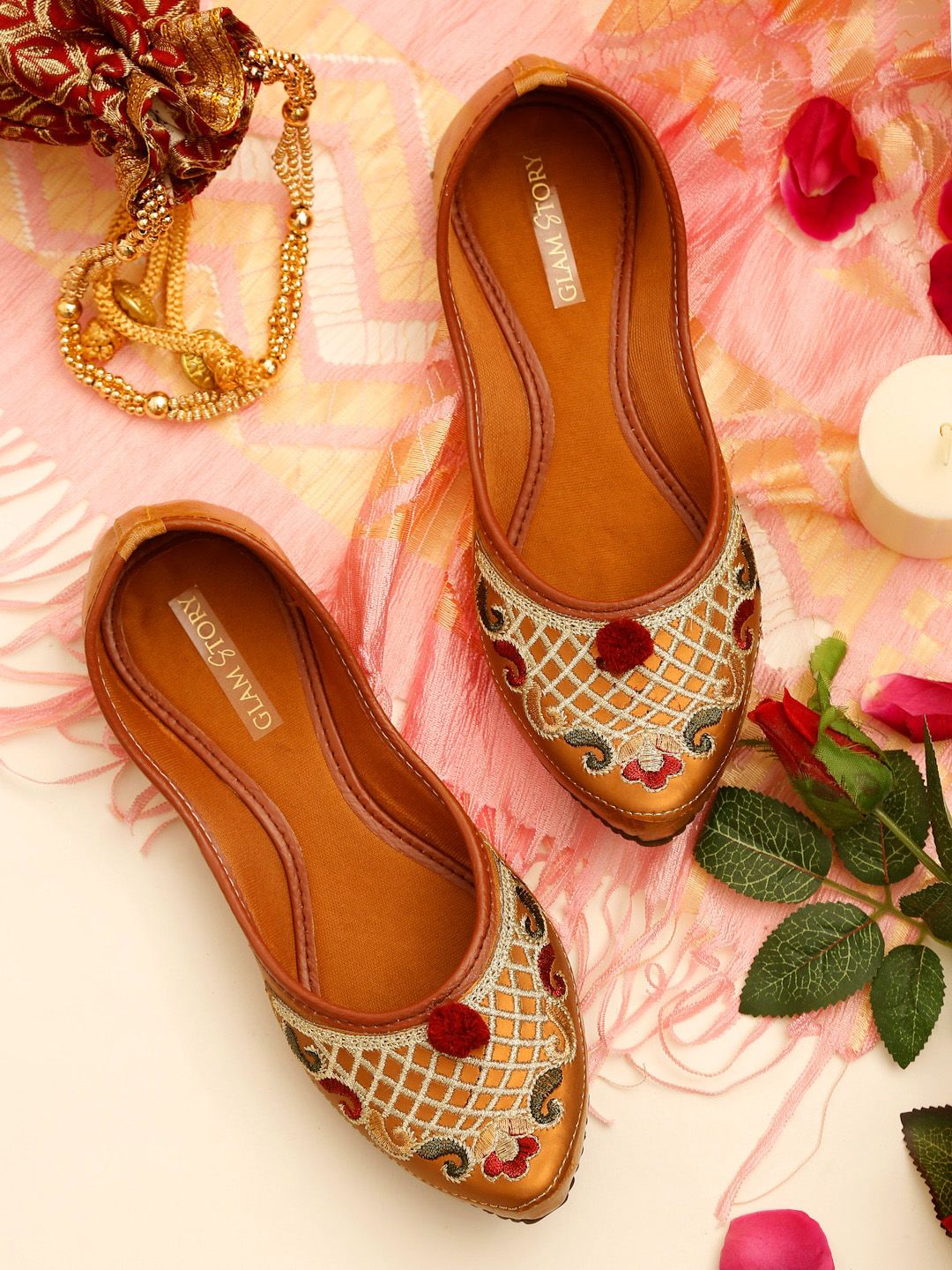 GLAM STORY Women Brown Embroidered Flats Price in India