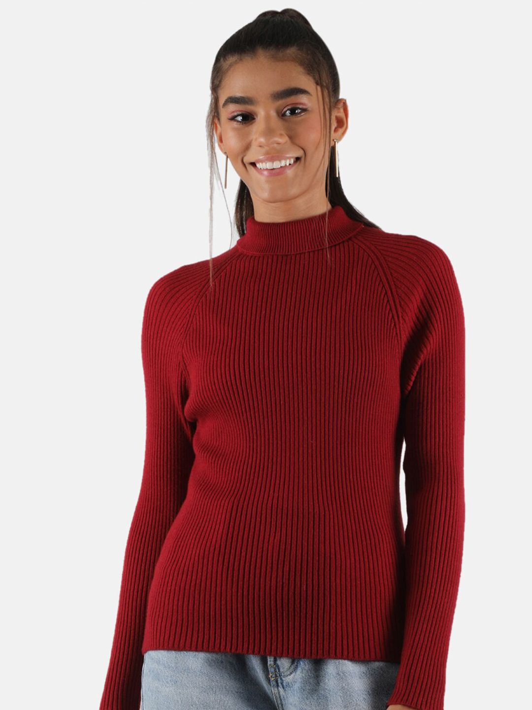 Monte Carlo Women's Blend Wool Maroon Solid High Neck Sceavy Top Price in India