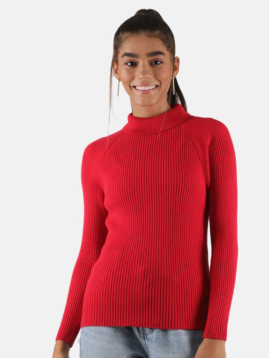 Monte Carlo Women Red Turtle Neck Ribbed Pullover Price in India