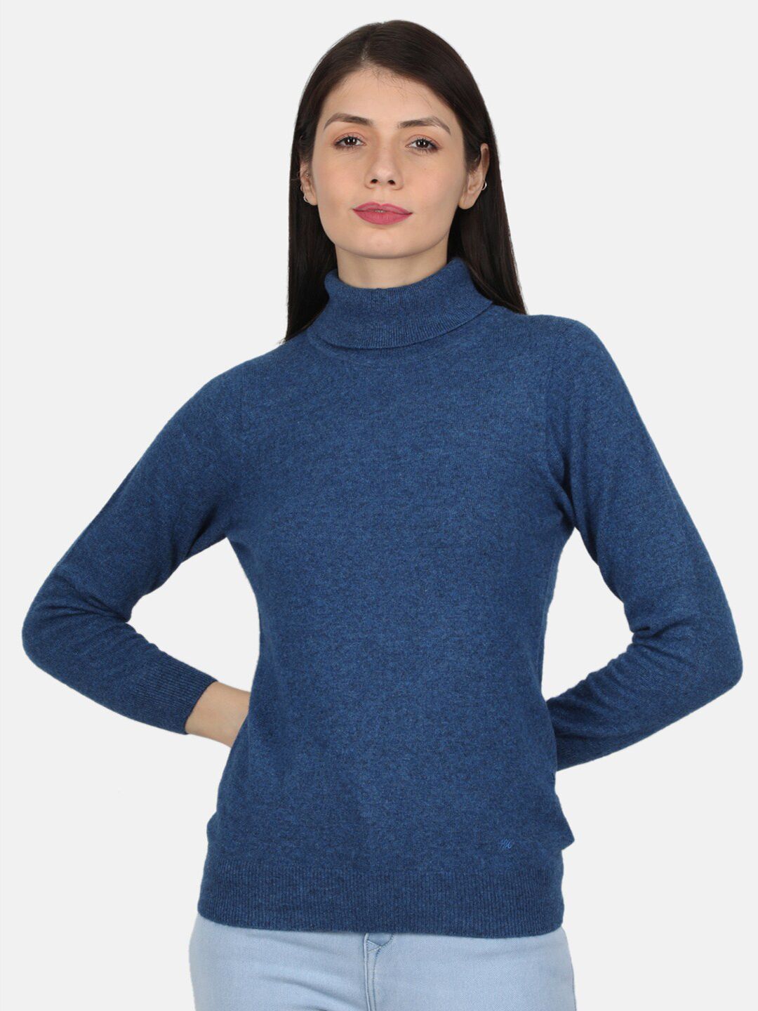 Monte Carlo Women's Angoora Blue Solid High Neck Sceavy Top Price in India