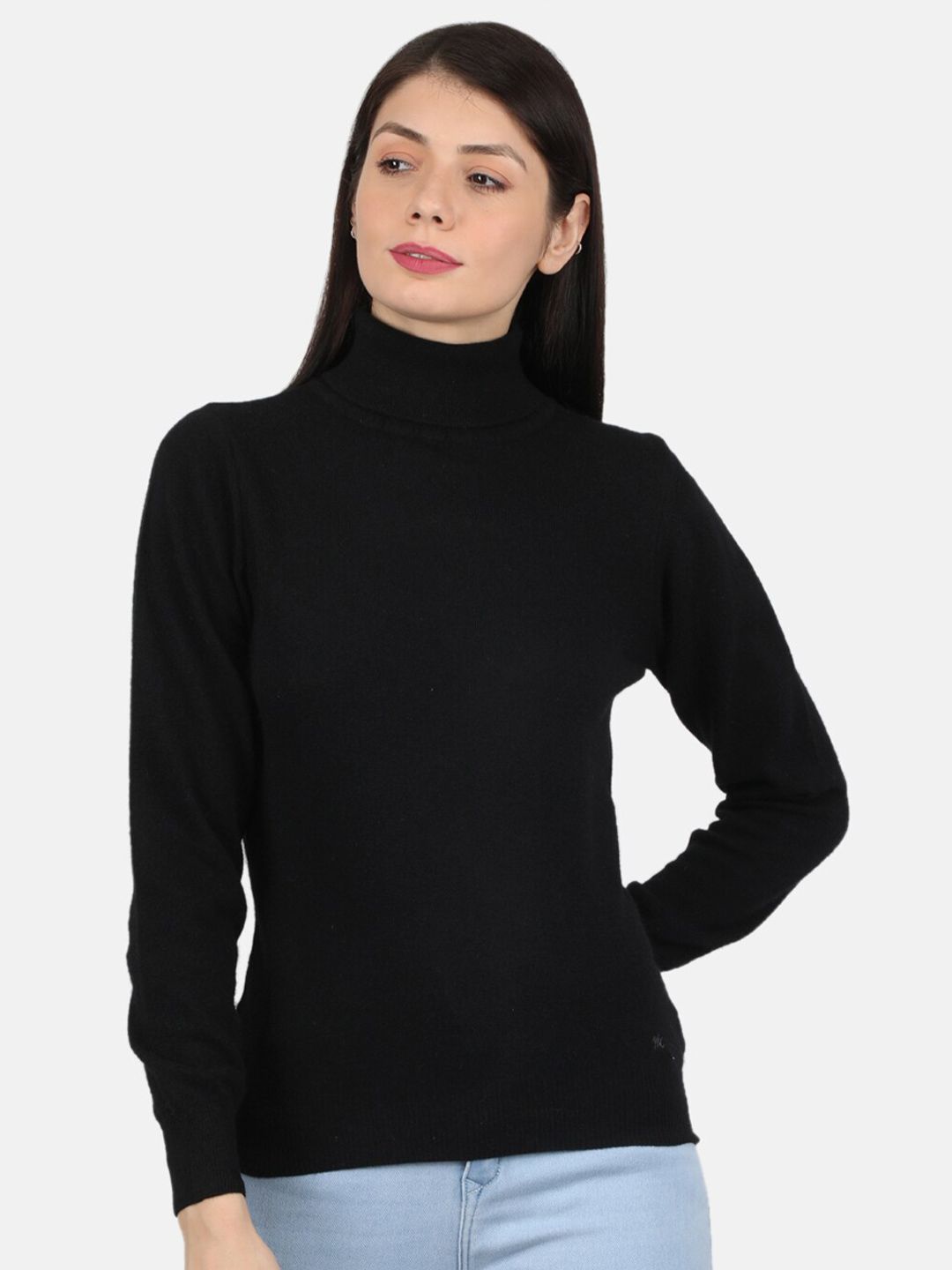 Monte Carlo Women's Angoora Black Solid High Neck Sceavy Top Price in India