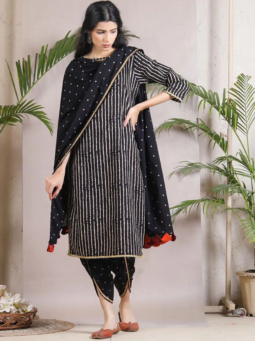 Rustorange Women Black Printed Kurti with Dhoti Pants & With Dupatta Price in India