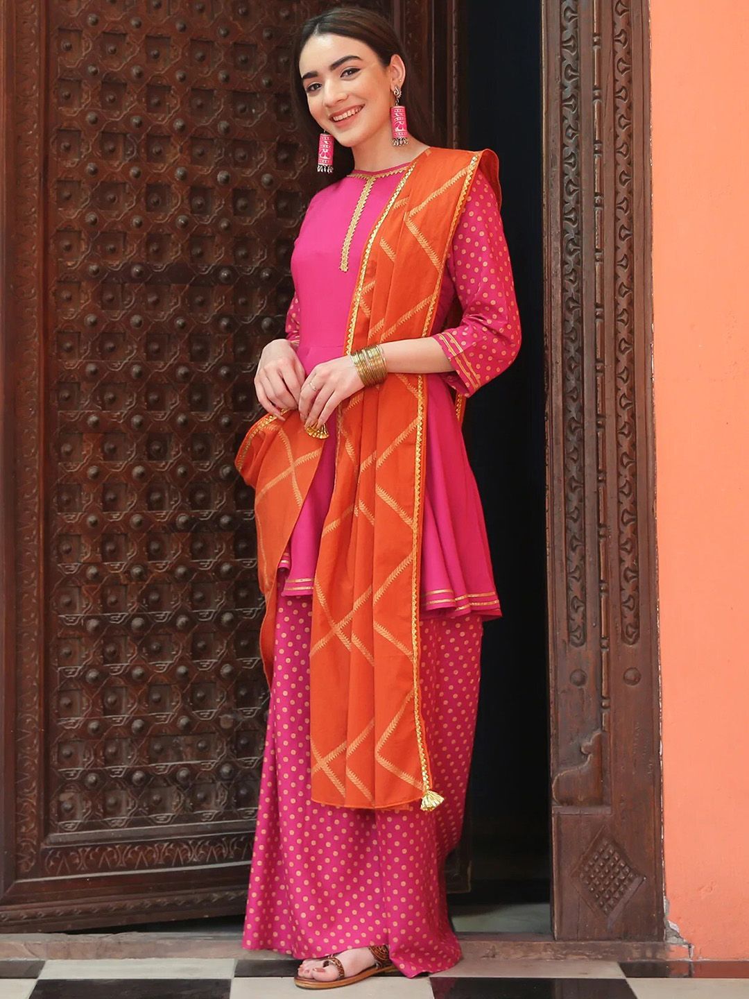 Rustorange Women Magenta & Gold Printed Rayon Kurta with Sharara & With Dupatta Price in India