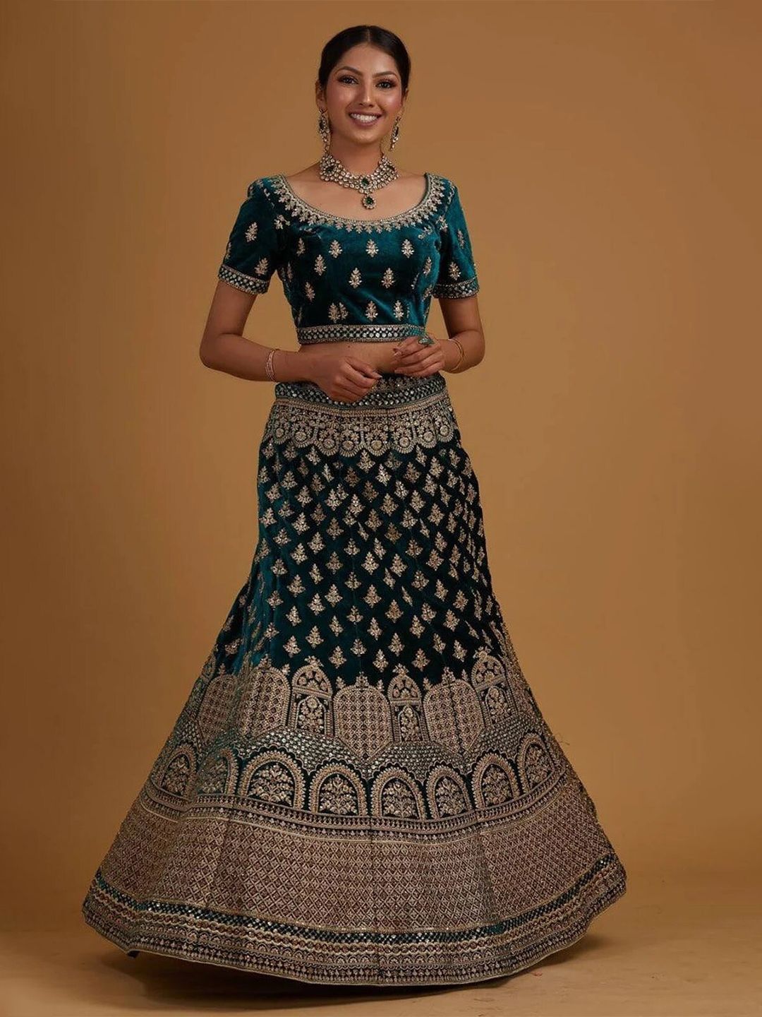 RIVAMA Green & Gold Embroidered Shibori Semi-Stitched Lehenga & Blouse With Dupatta Price in India