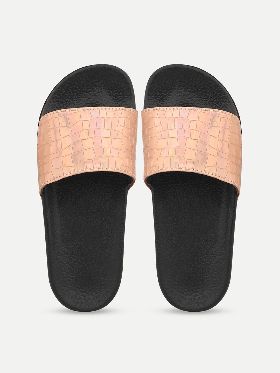 AMACLASS Women Peach-Coloured & Black Embellished Sliders Price in India