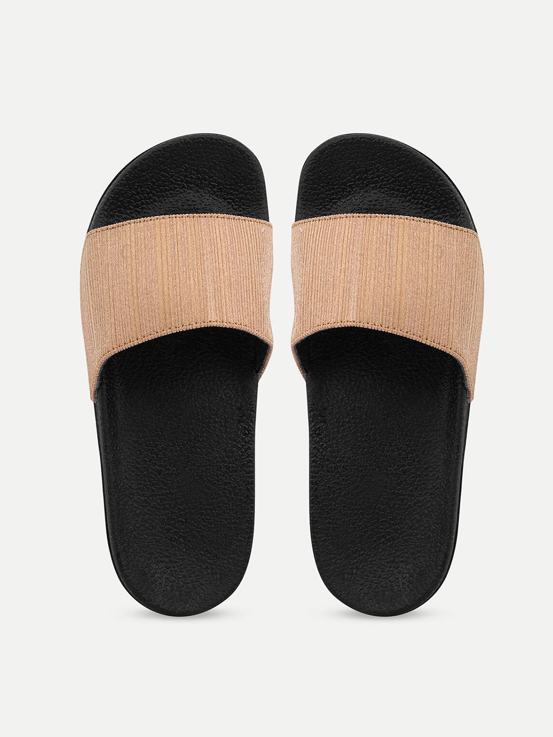 AMACLASS Women Peach-Coloured & Black Embellished Sliders Price in India