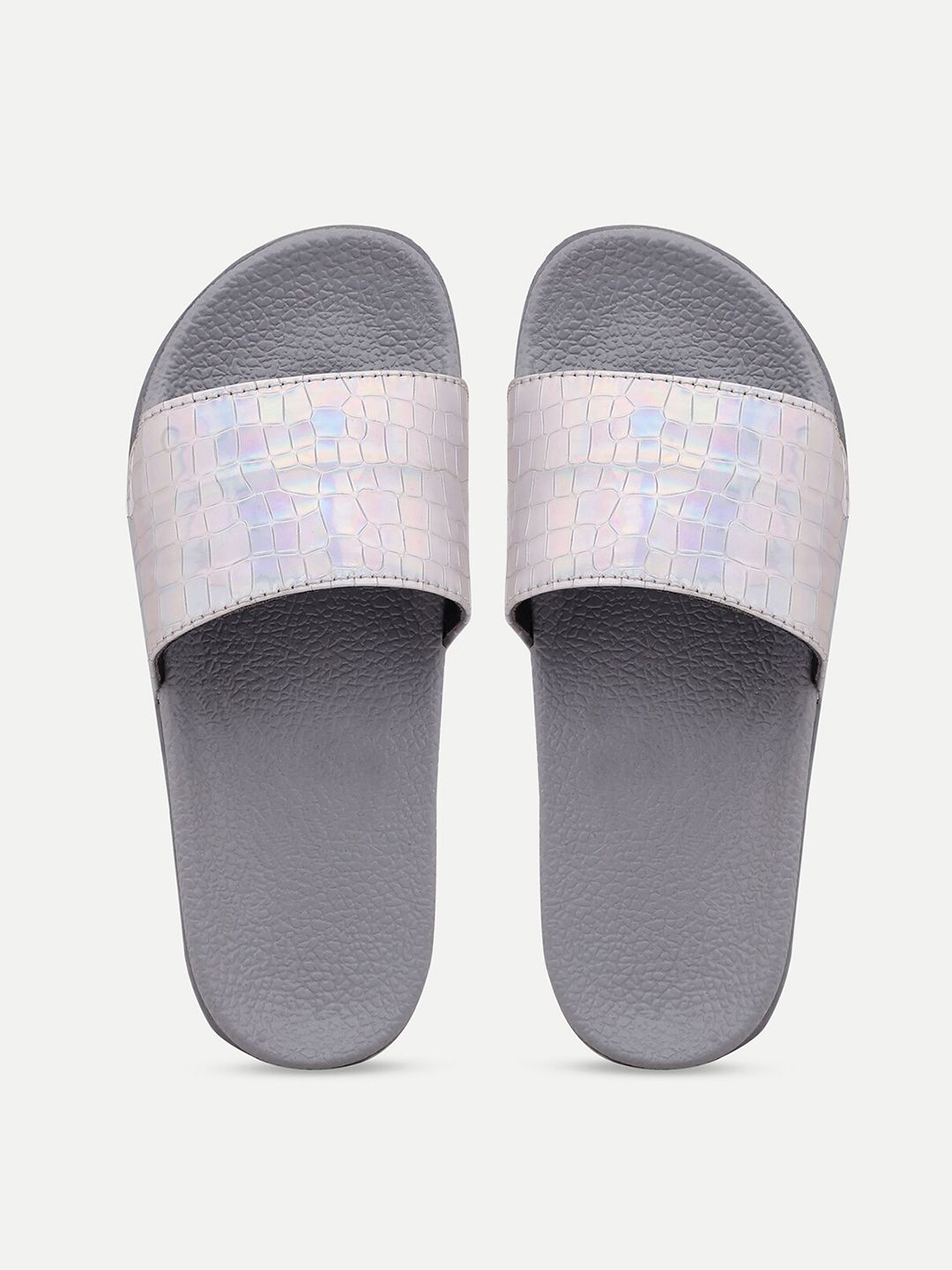 AMACLASS Women Grey Textured Sliders Price in India