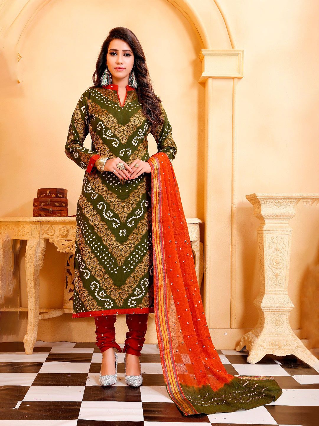 Divine International Green & Red Dyed Pure Cotton Unstitched Dress Material Price in India
