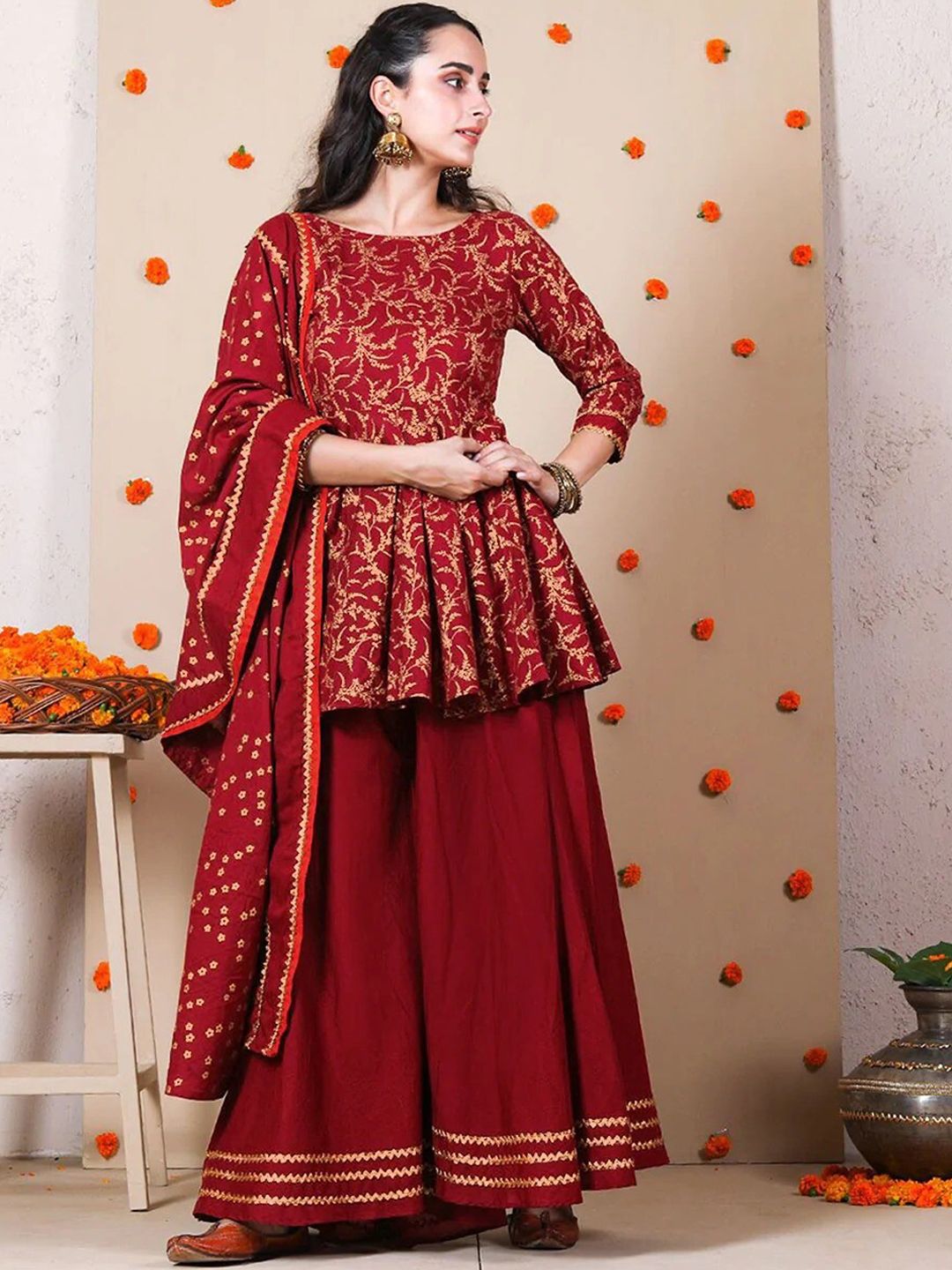 Rustorange Women Maroon Ethnic Motifs Printed Gotta Patti Peplum with Sharara & Dupatta Price in India