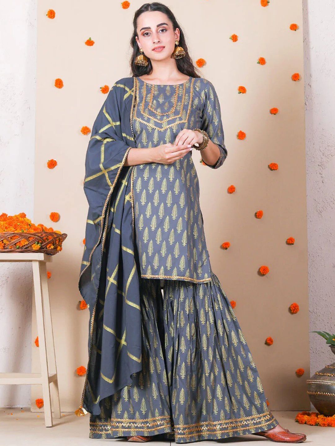 Rustorange Women Grey Ethnic Motifs Embroidered Kurta with Skirt & With Dupatta Price in India