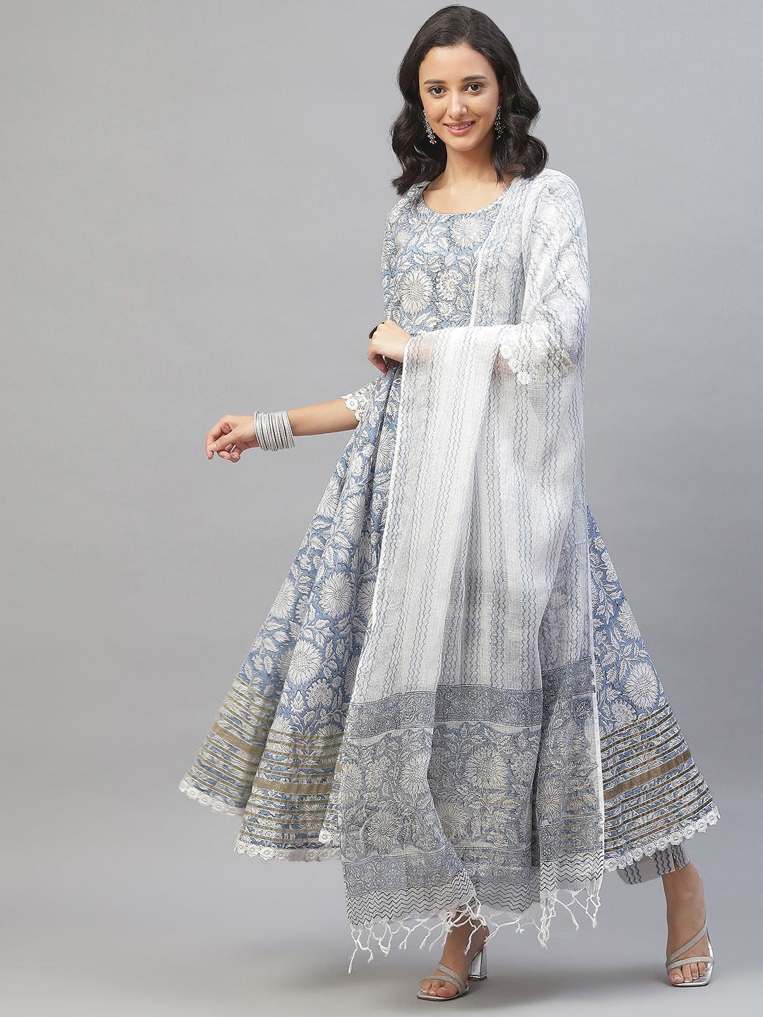 Divena Women Blue Floral Printed Gotta Patti Pure Cotton Kurta with Trousers & With Dupatta Price in India