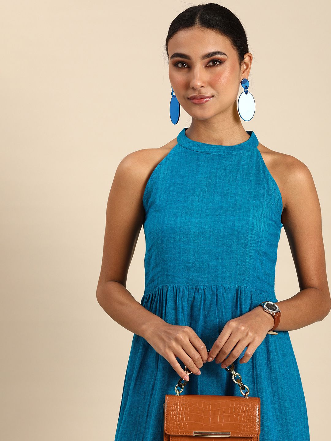Anouk Women Blue Striped Halter Neck Pure Cotton Ethnic A-Line Midi Dress Price in India