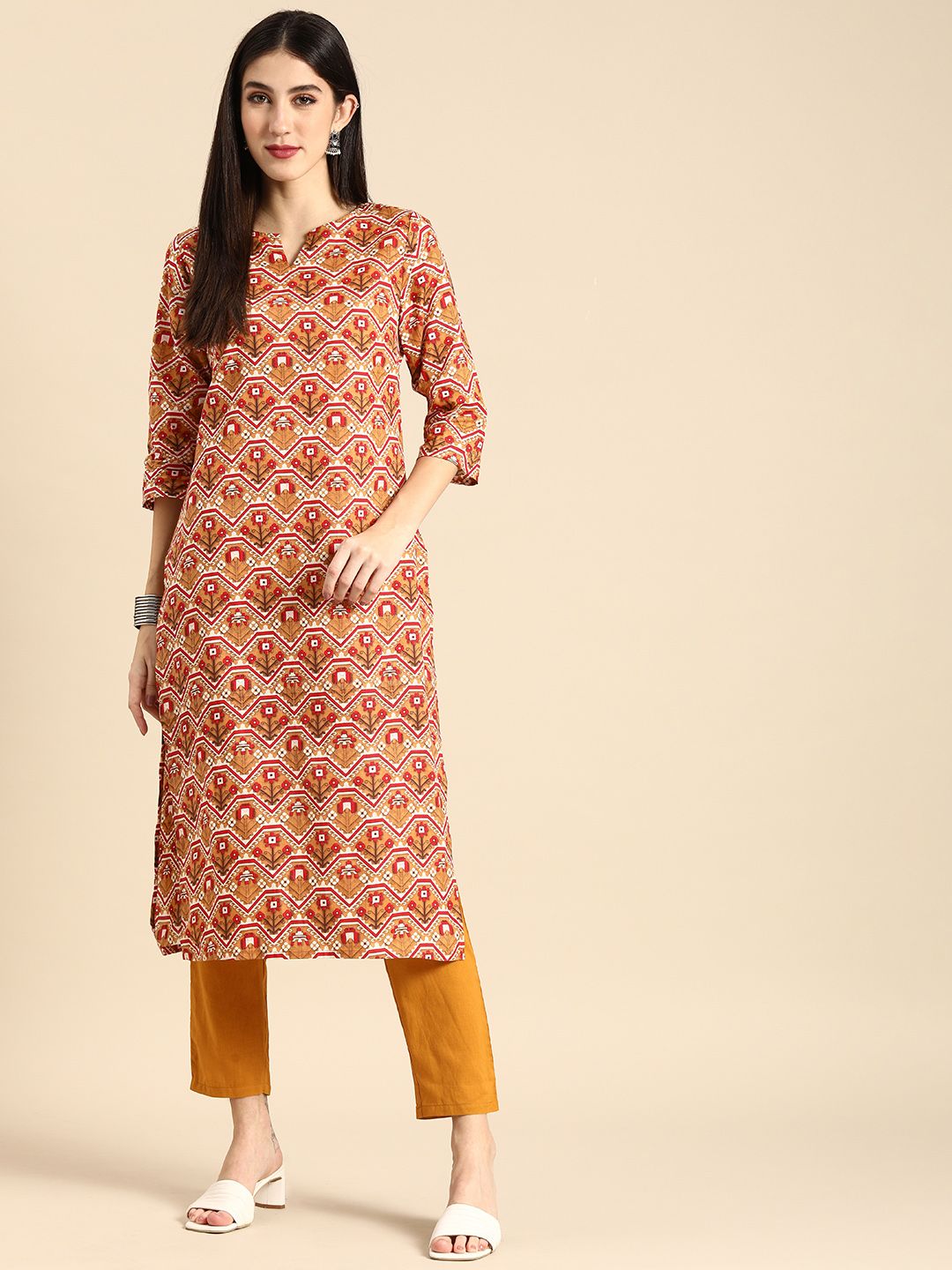 Anouk Women Orange & Red Ethnic Motifs Printed Pure Cotton Kurta with Trousers Price in India