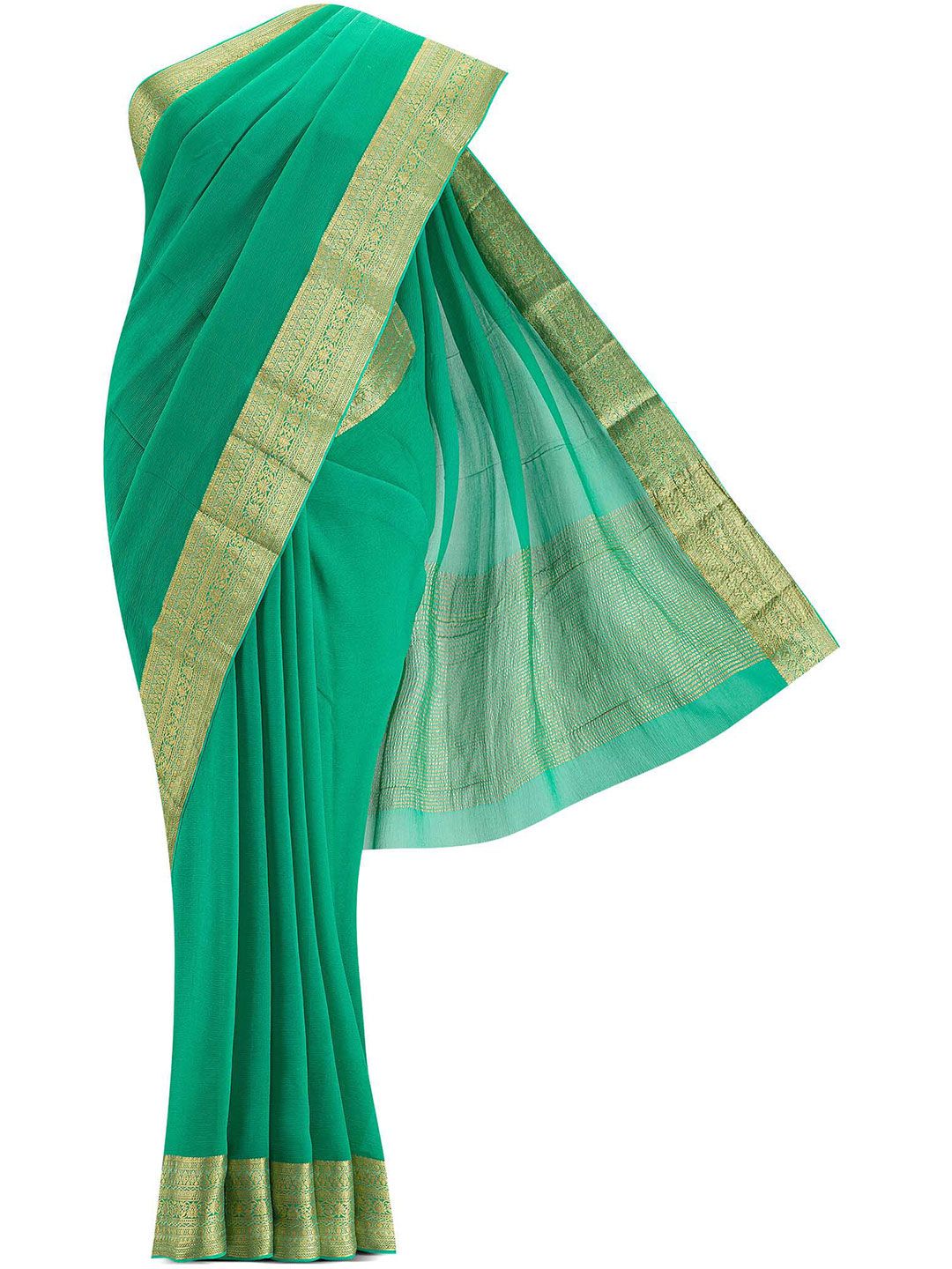 Nalli Next Green & Gold-Toned Zari Mysore Chiffon Saree Price in India