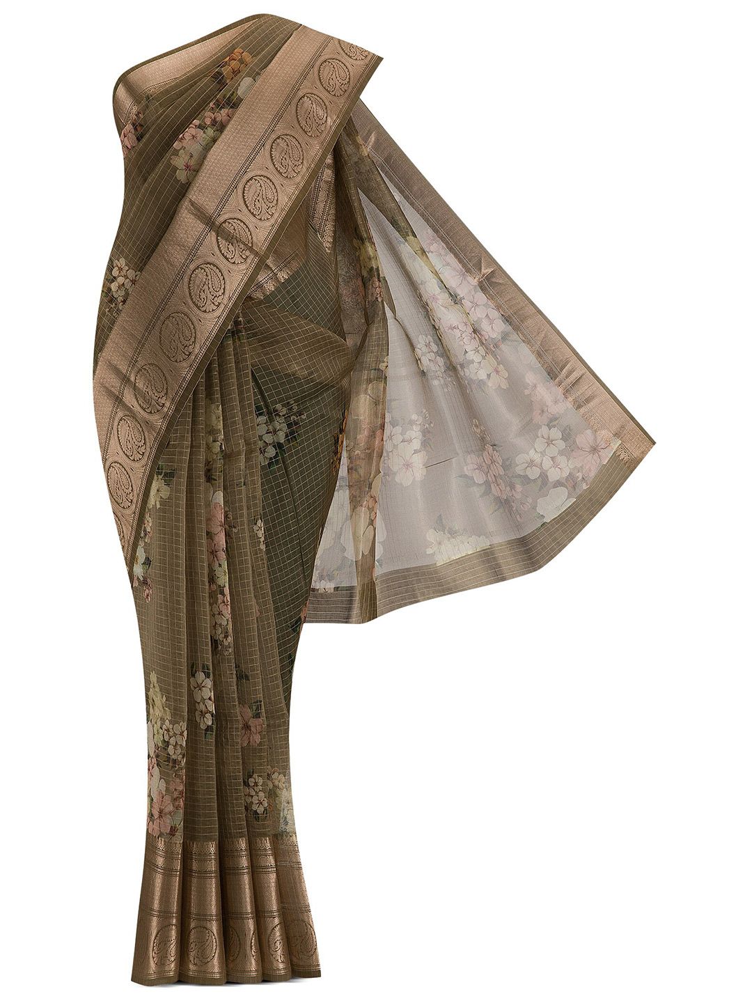 Nalli Next Green & Gold-Toned Floral Zari Organza Saree Price in India