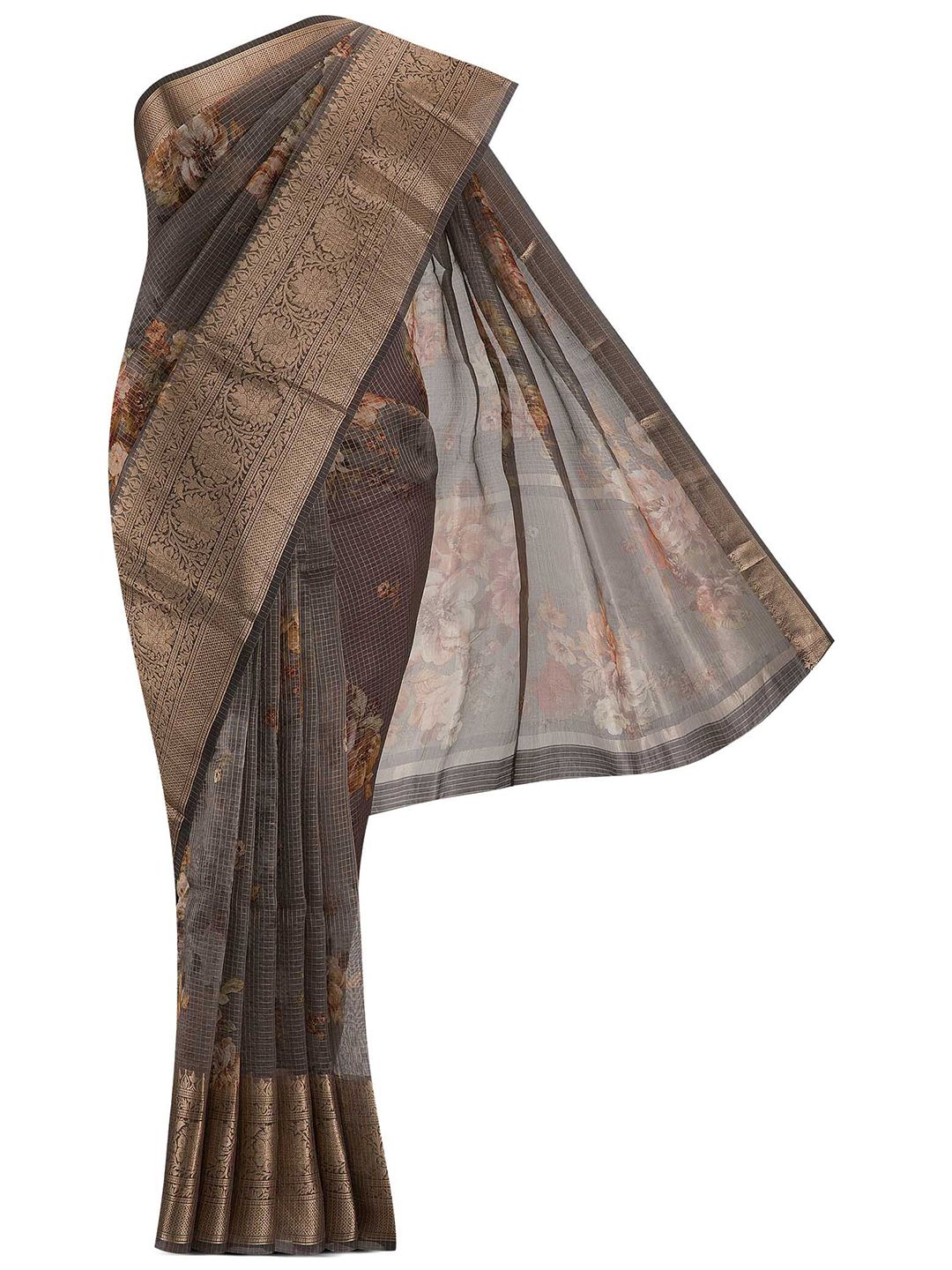 Nalli Next Grey & Gold-Toned Floral Zari Organza Saree Price in India