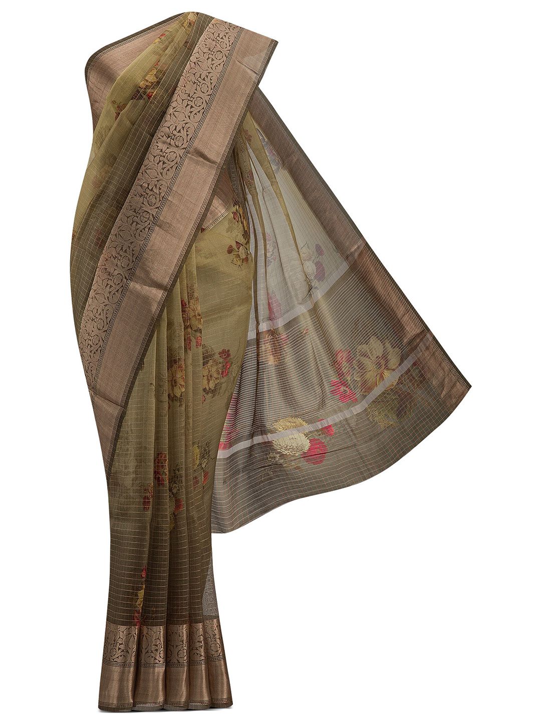 Nalli Next Green & Gold-Toned Floral Zari Organza Saree Price in India