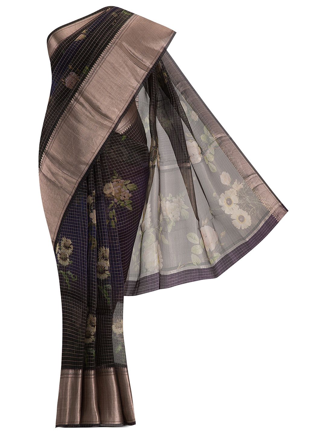 Nalli Next Blue & Gold-Toned Floral Printed Zari Organza Saree Price in India