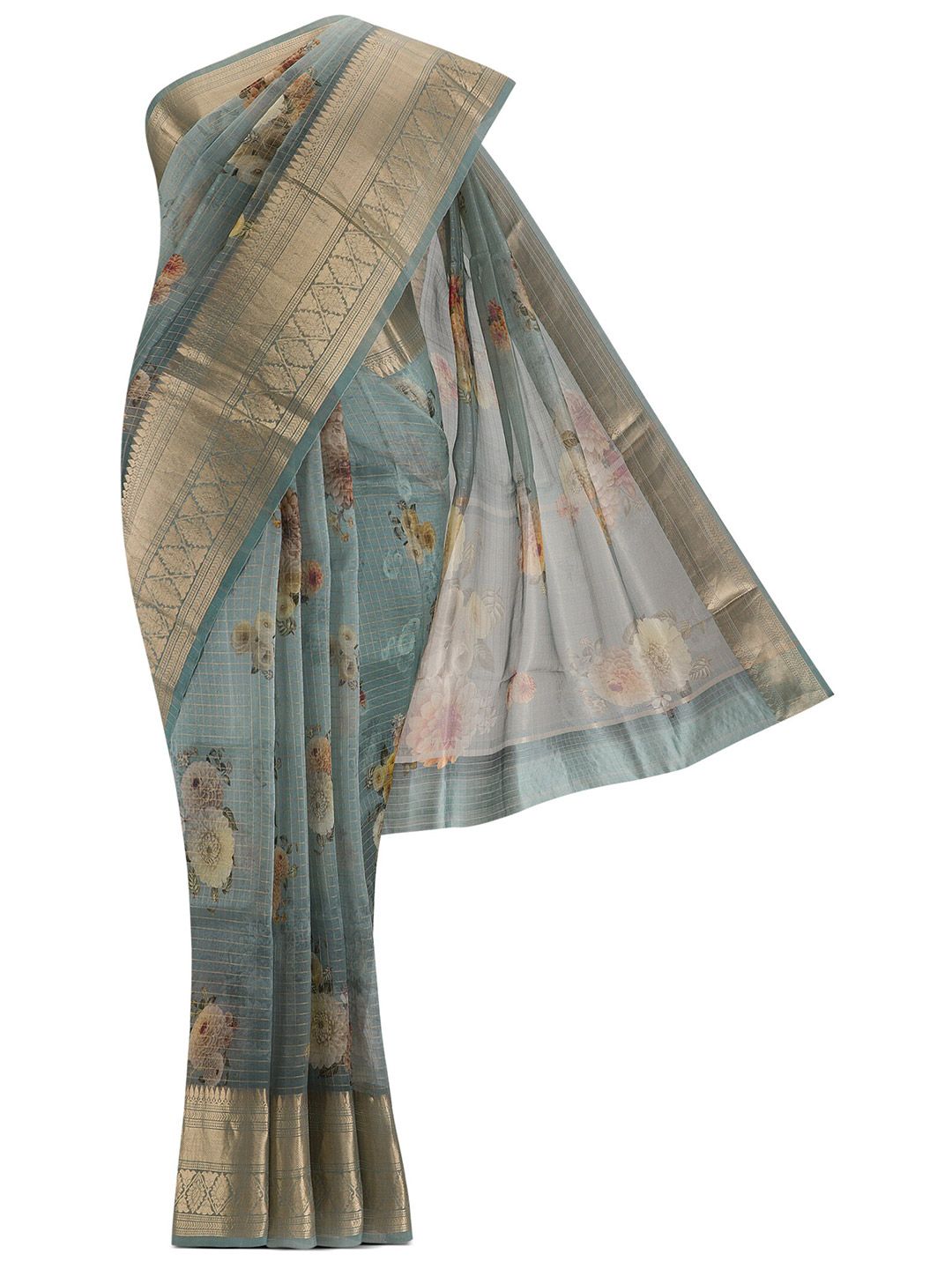 Nalli Next Blue & Gold-Toned Floral Zari Organza Saree Price in India