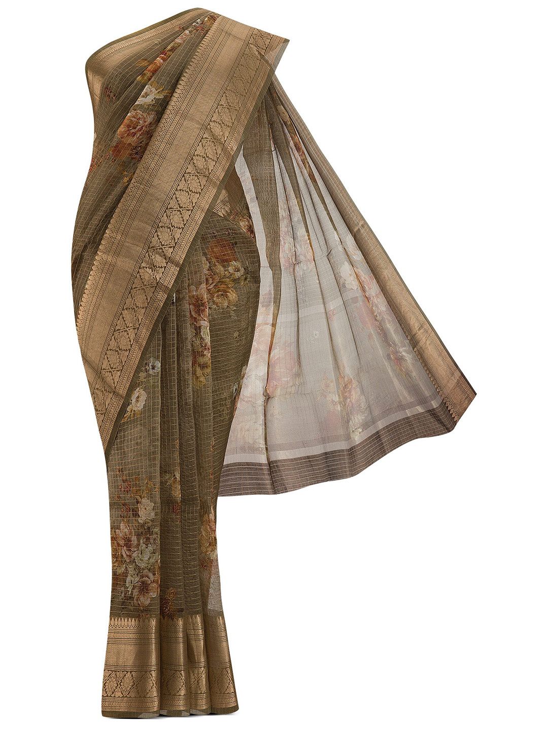 Nalli Next Green & Brown Floral Zari Organza Saree Price in India