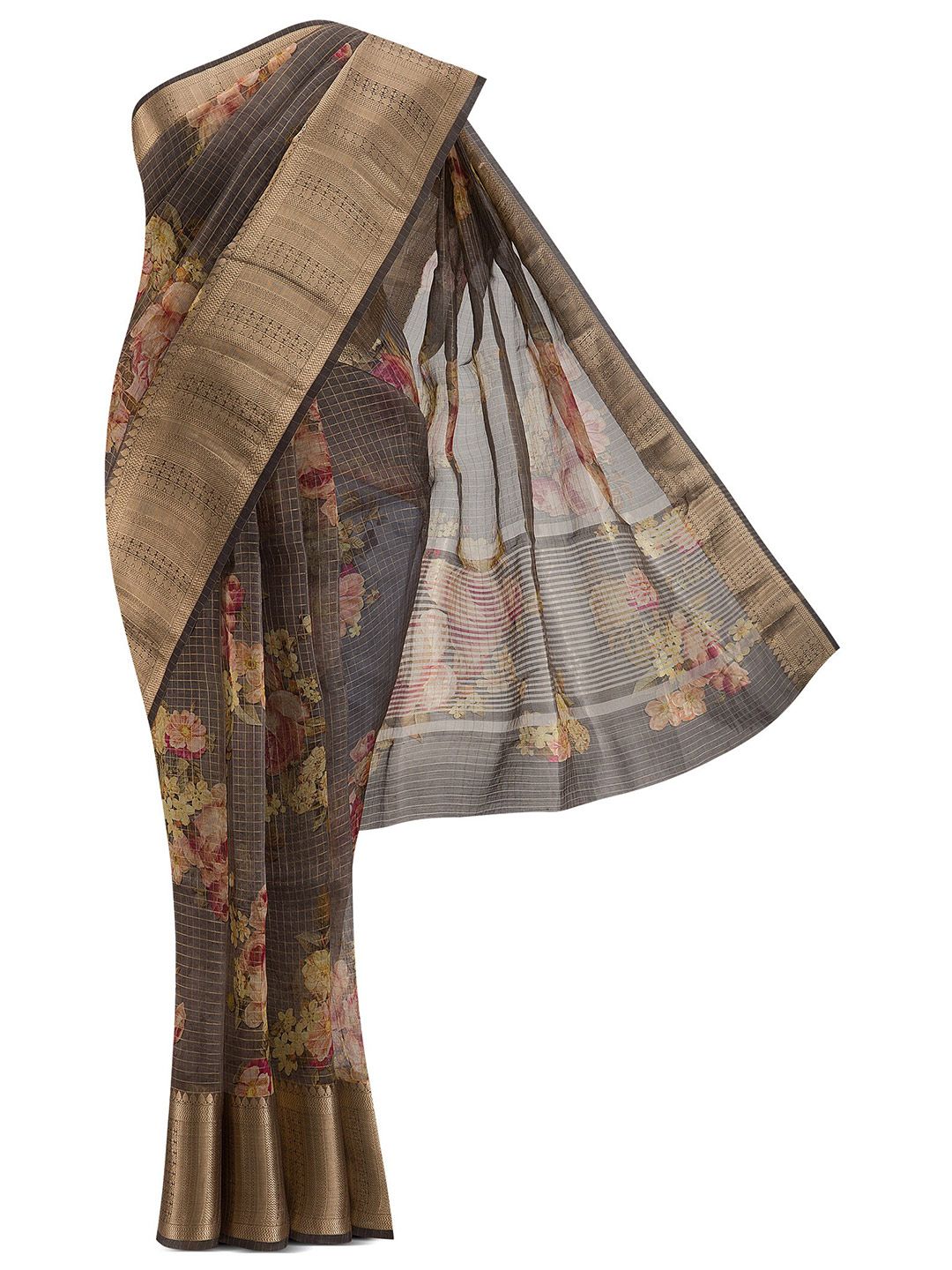 Nalli Next Grey & Red Floral Zari Organza Saree Price in India