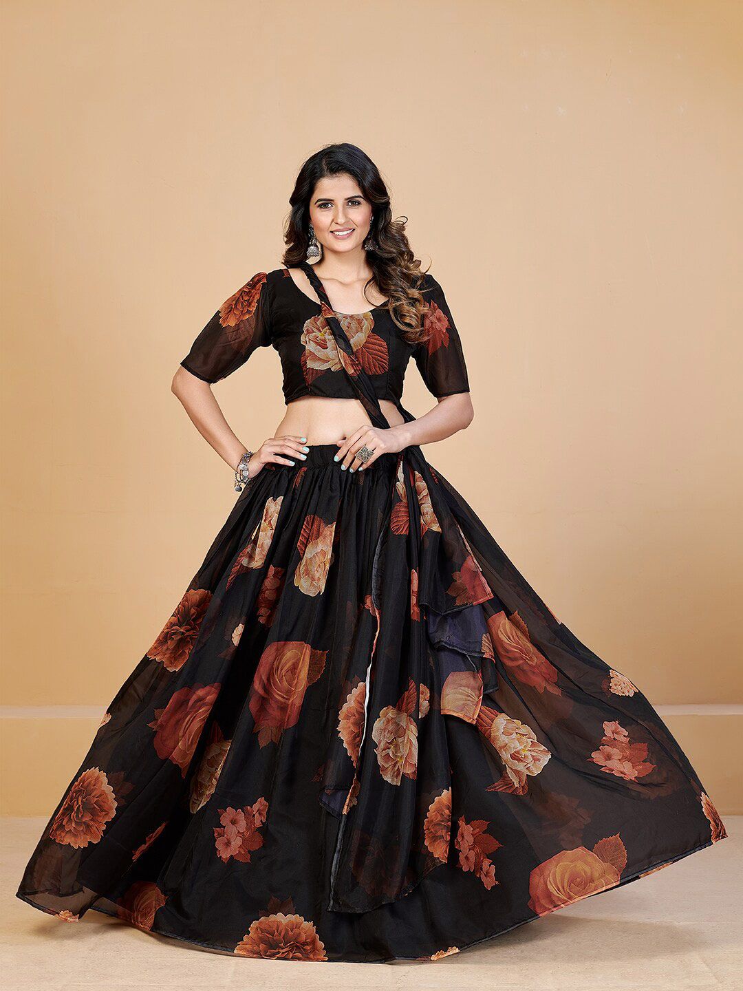 SHOPGARB Women Black & Brown Printed Semi-Stitched Lehenga Choli Price in India