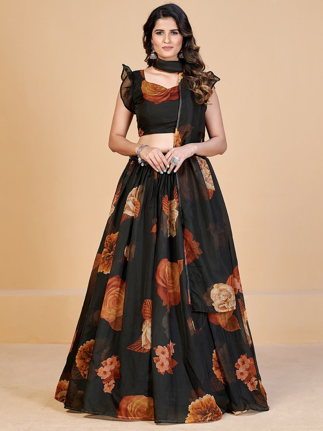 SHOPGARB Black & Gold-Toned Printed Semi-Stitched Lehenga & Unstitched Blouse With Dupatta Price in India