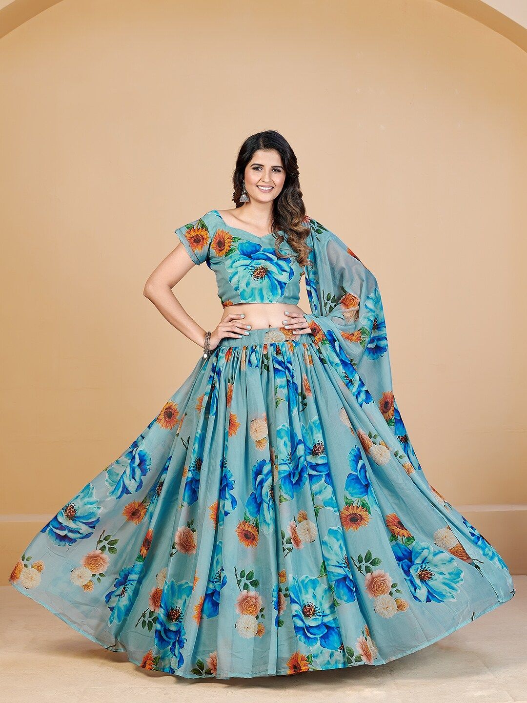 SHOPGARB Turquoise Blue & Red Printed Semi-Stitched Lehenga & Unstitched Blouse With Dupatta Price in India