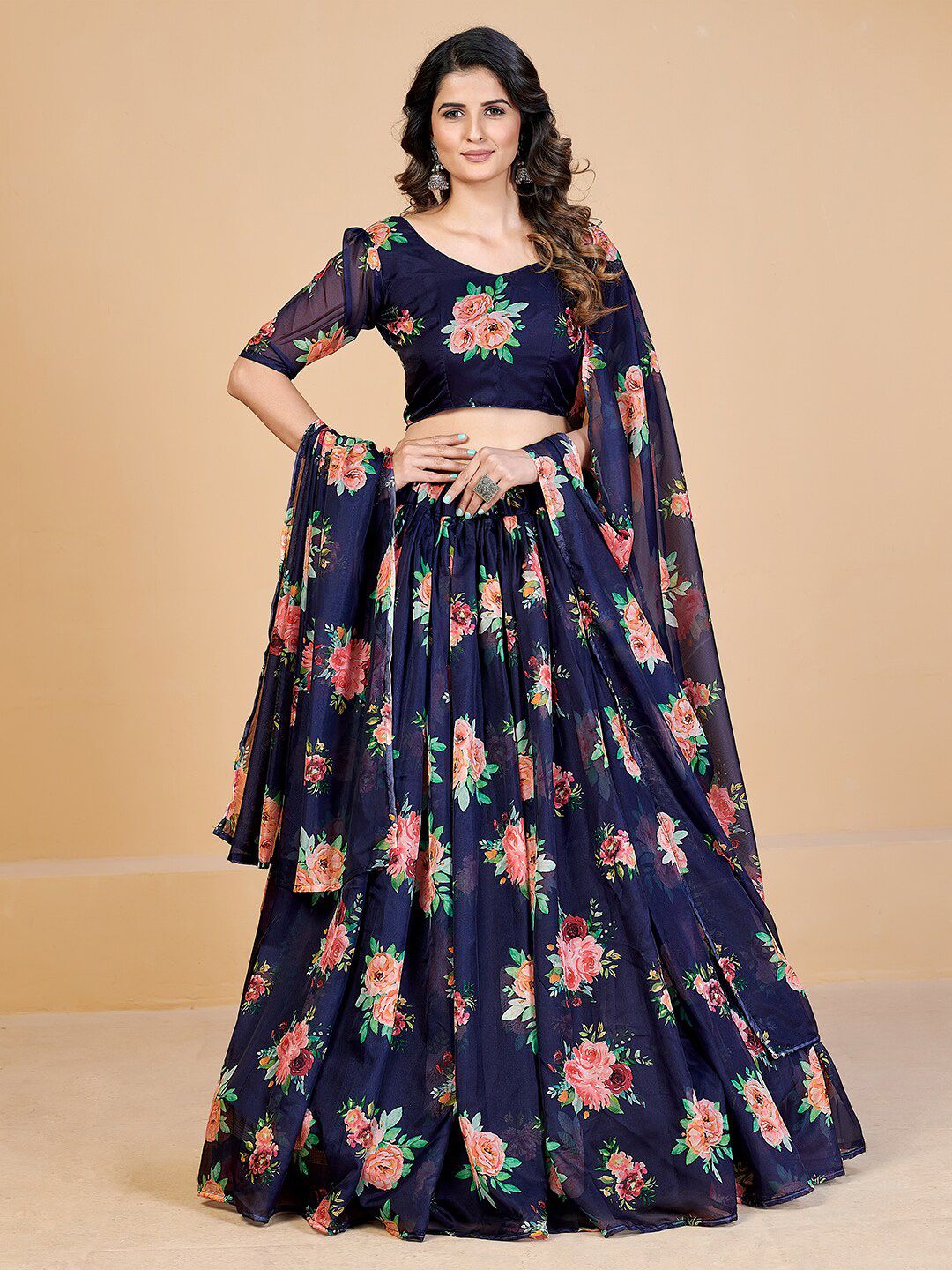 SHOPGARB Navy Blue & Pink Printed Semi-Stitched Lehenga & Unstitched Blouse With Dupatta Price in India