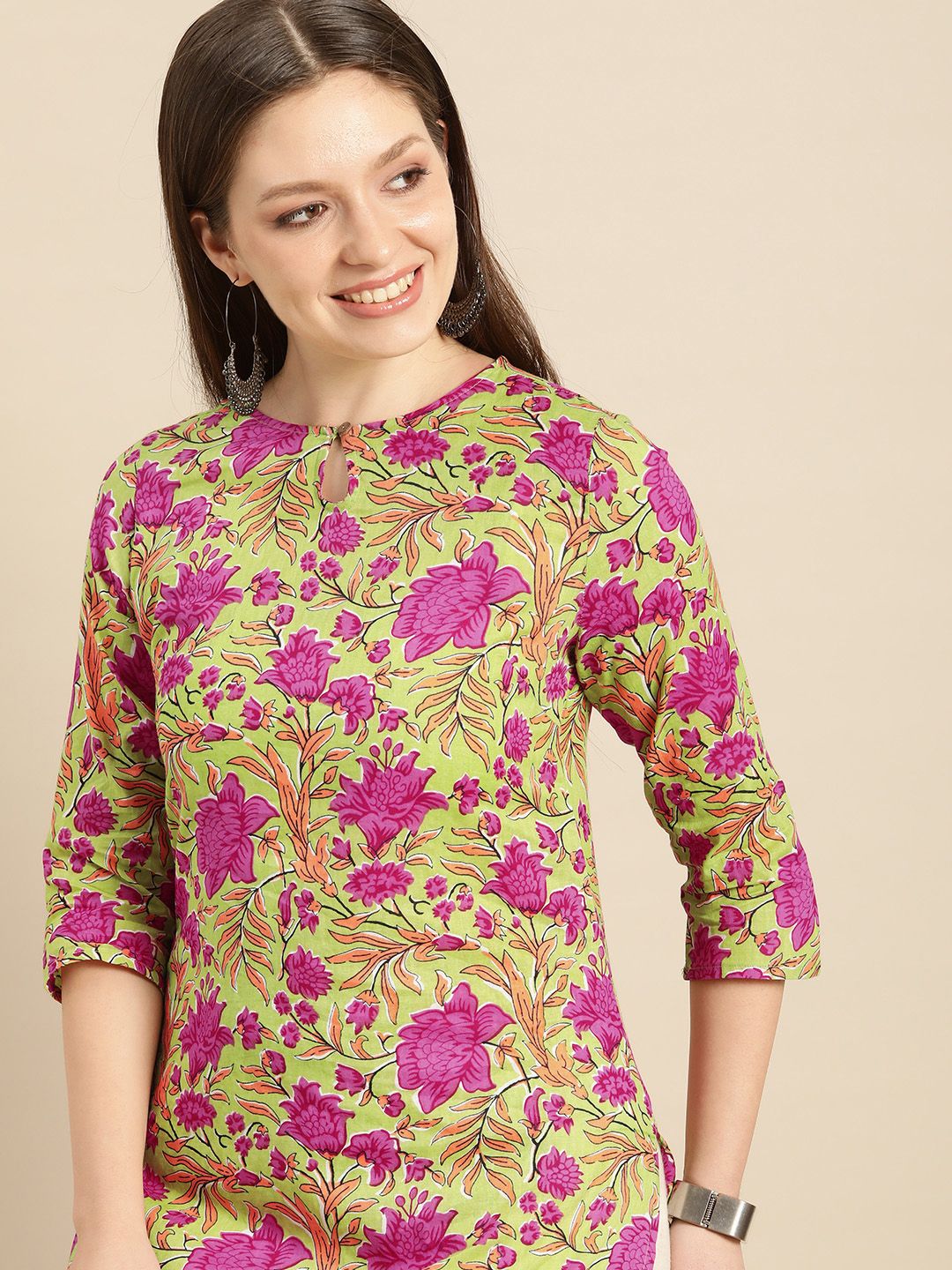 Anouk Women Green & Pink Floral Printed Keyhole Neck Pure Cotton Kurta Price in India