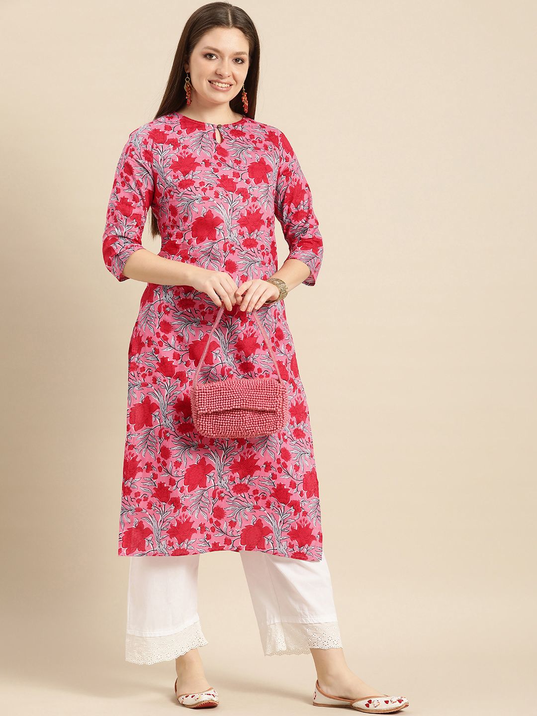 Anouk Women Pink & Red Floral Printed Keyhole Neck Pure Cotton  Kurta Price in India