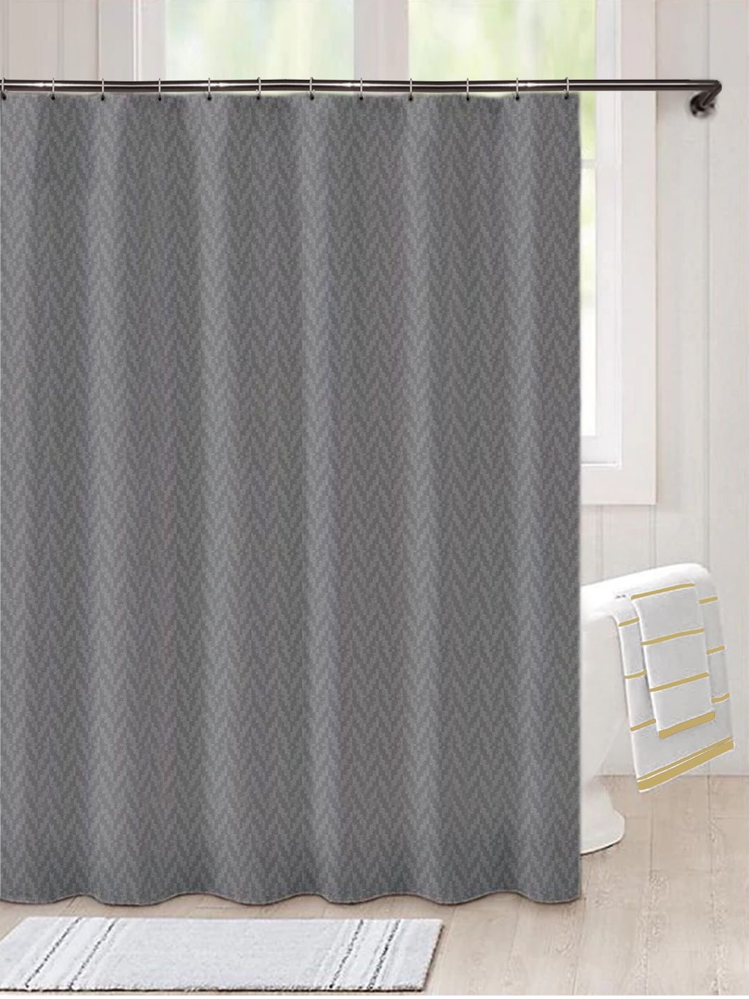 Lushomes Grey Printed Water Repellent Shower Curtain -12 C-Rings Price in India
