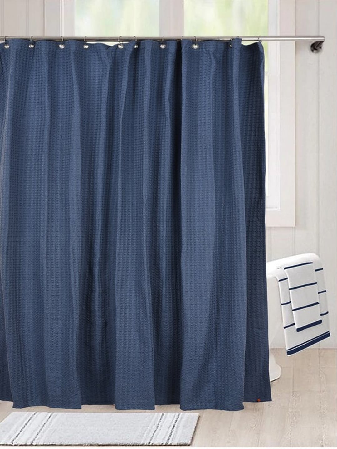 Lushomes Blue Self-Design Waffle Weave Shower Curtain With 12 Metal Grommets Price in India