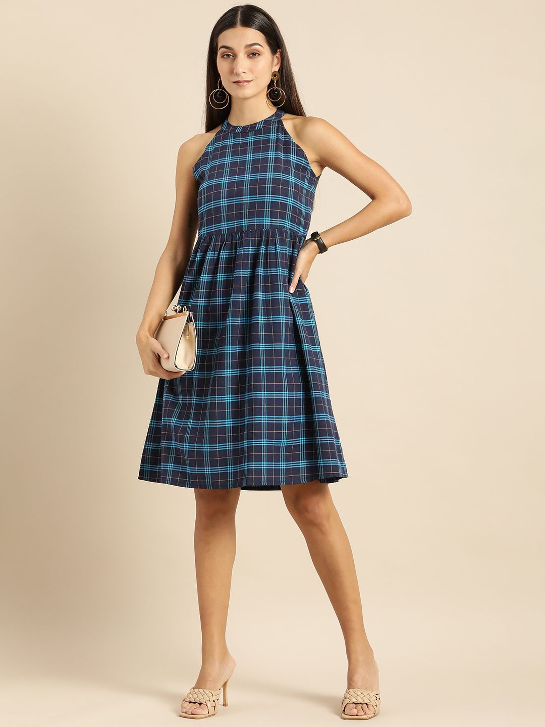 Anouk Women Blue & Navy Blue Checked Fit And Flared Dress Price in India