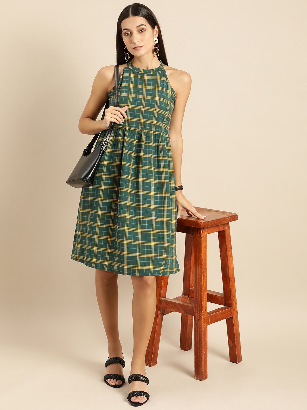 Anouk Women Green & Yellow Checked Fit And Flared Dress Price in India