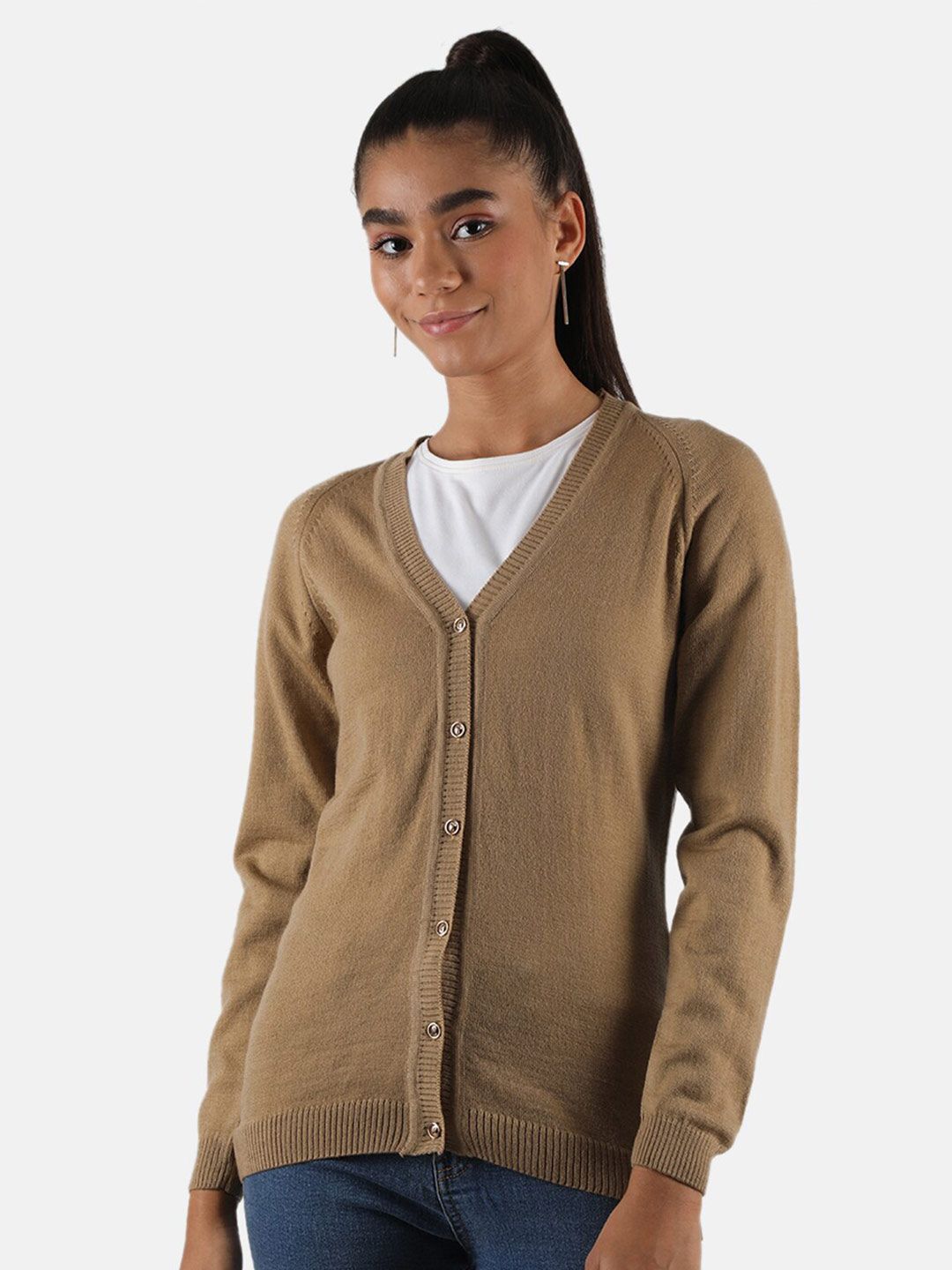 Monte Carlo Women Tan Cardigan Solid Wool Sweaters Price in India