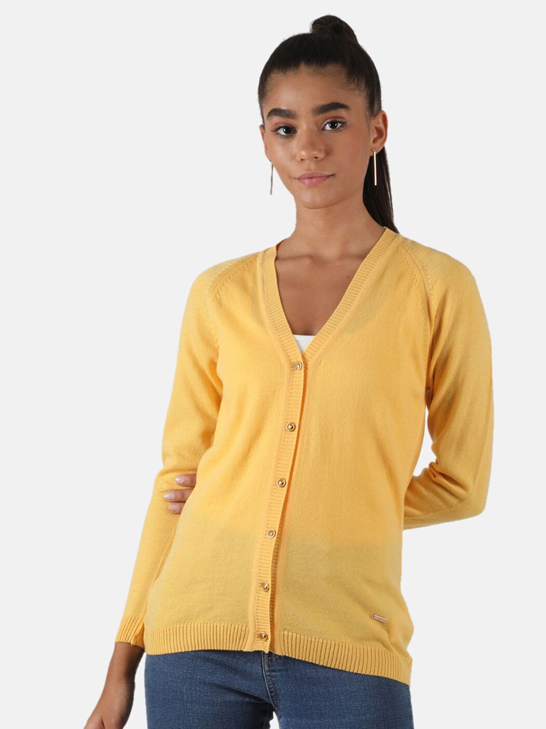 Monte Carlo Women's Blend Wool Yellow Solid V Neck Cardigan Price in India