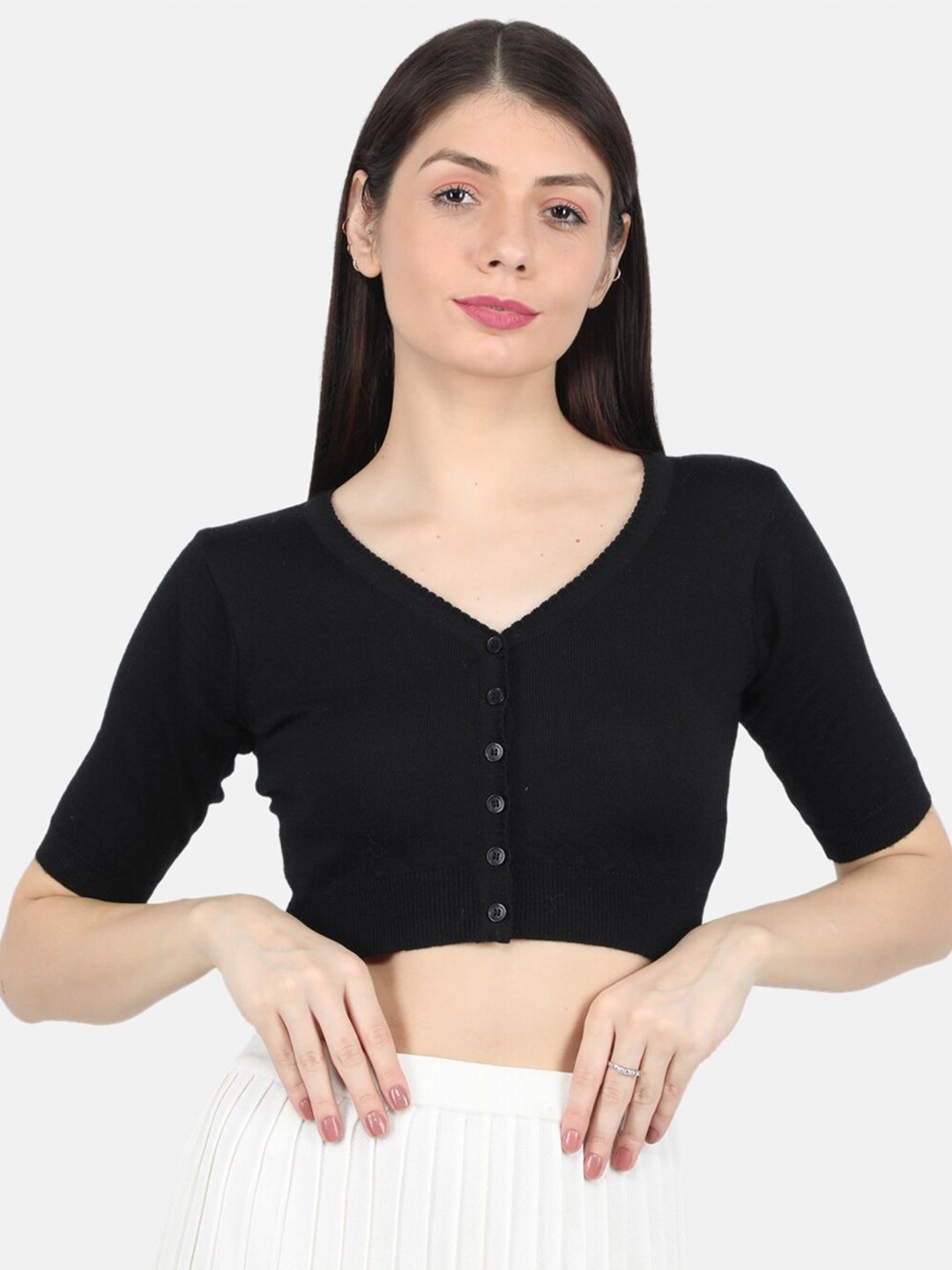 Monte Carlo Women's Pure Wool Black Solid Front Open Blouse Price in India