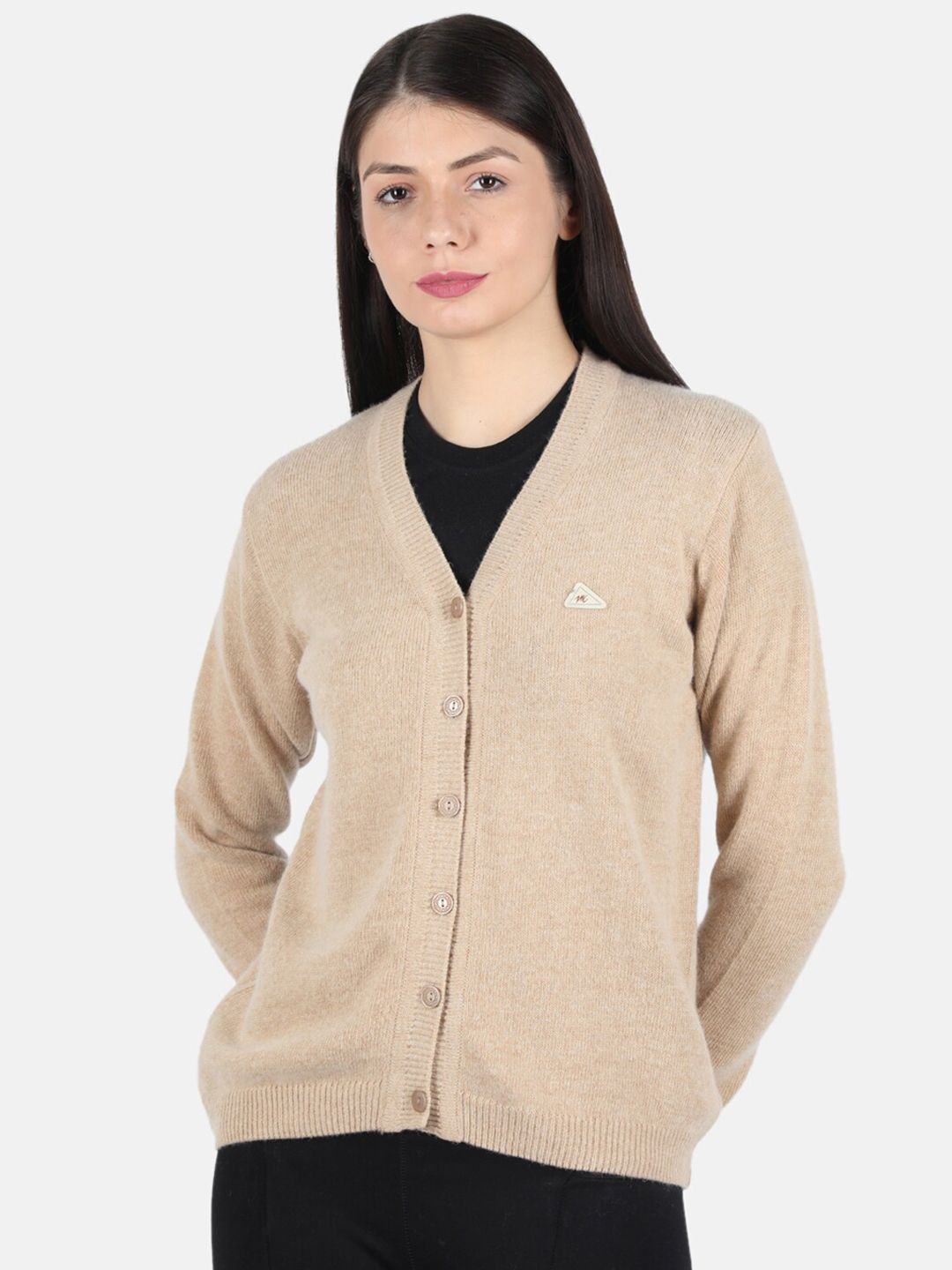 Monte Carlo Women Beige Solid V-Neck Cardigan Price in India