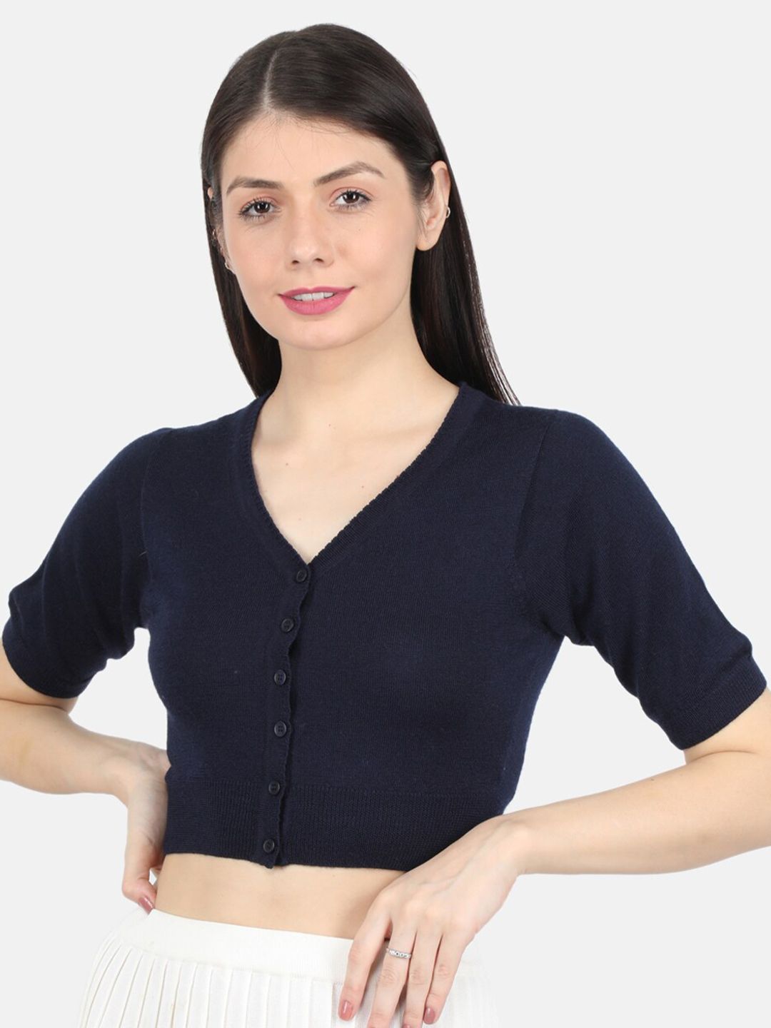 Monte Carlo Women Navy Blue Solid V-neck Wool Crop Cardigan Price in India