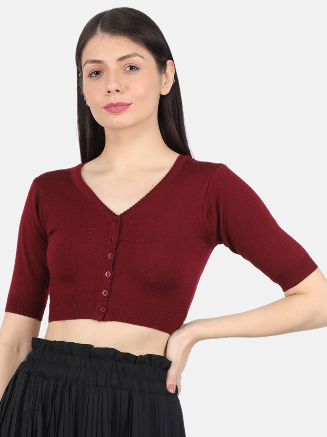 Monte Carlo Women's Pure Wool Maroon Solid Front Open Blouse Price in India