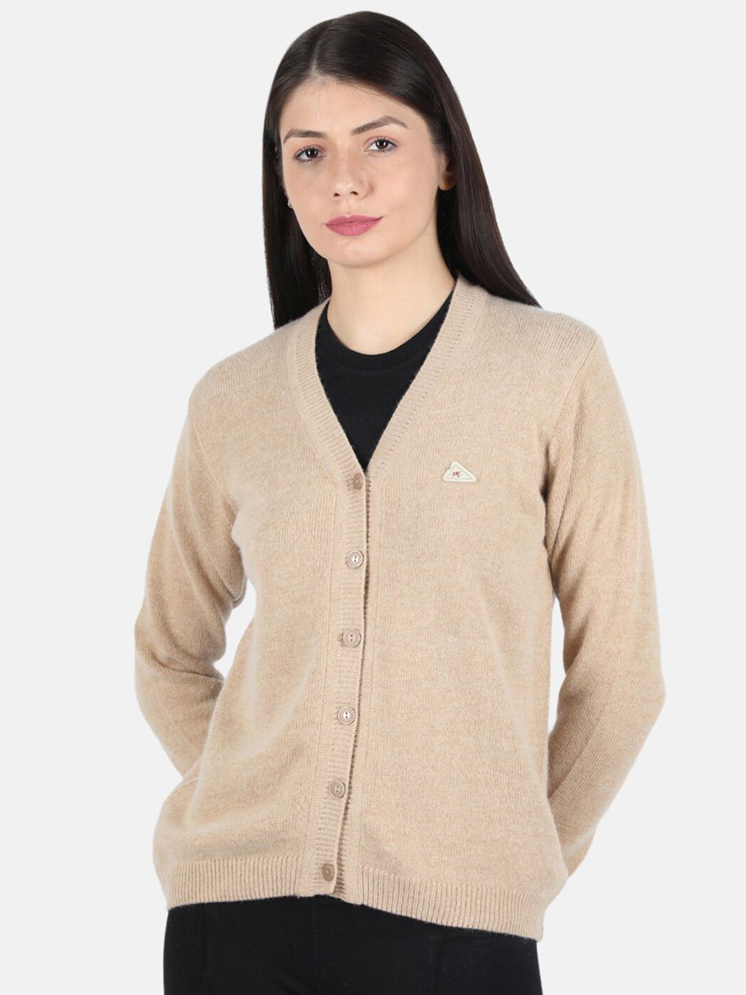 Monte Carlo Women's Lambs Wool Beige Solid V Neck Cardigan Price in India