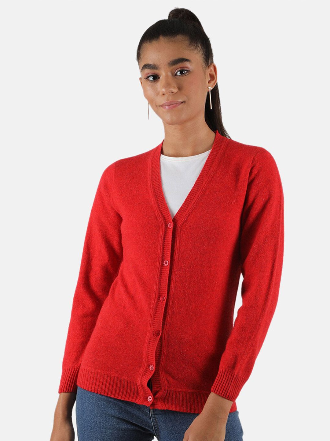 Monte Carlo Women Red Lambs Wool Cardigan Price in India