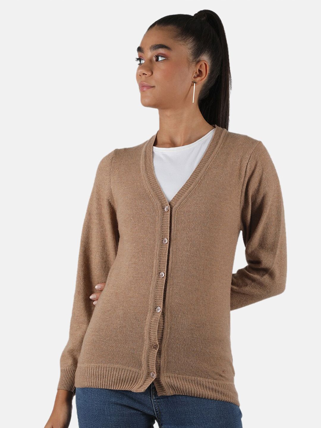 Monte Carlo Women Lambs Wool Beige Solid V Neck Cardigan Price in India