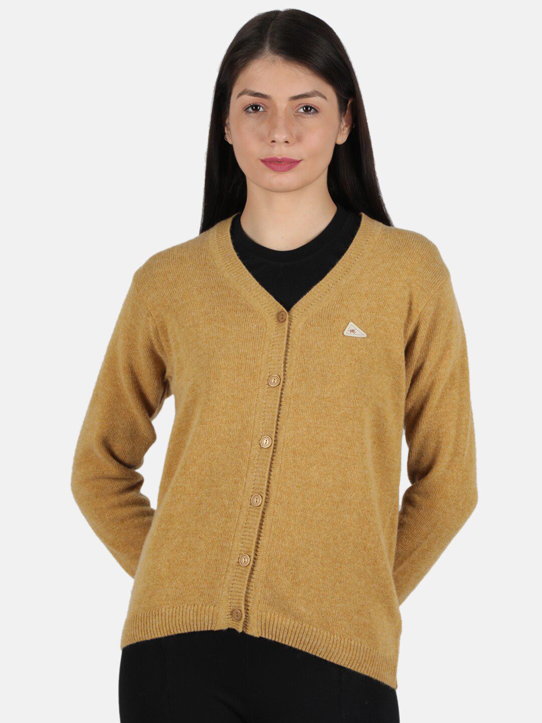 Monte Carlo Women's Lambs Wool Mustard Solid V Neck Cardigan Price in India